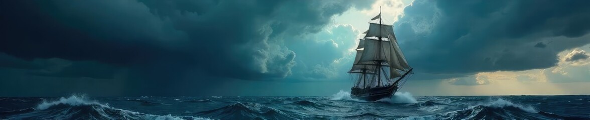 Fototapeta premium A majestic sailing ship battles ferocious storm clouds on a turbulent sea The dark sky and crashing waves create a dramatic scene of nature's power , adventure, storm at sea