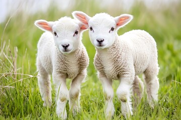 Obraz premium Gentle lambs under gray sky on lush green pasture 