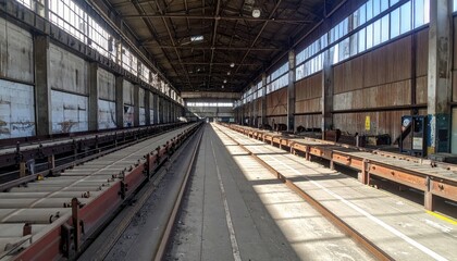 Obraz premium Rusty Conveyor Belts in Empty Warehouse Under Harsh Midday Sun