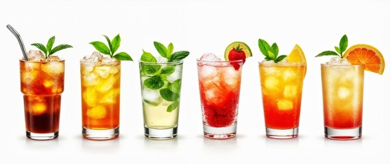 Colorful assorted iced beverages with fruits and herbs on a white background