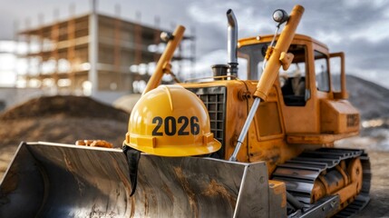 Yellow hard hat with 2026 on bulldozer at construction site with building framework