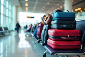 A neatly stacked pile of various suitcases and travel bags sits on a luggage rack in a bright, modern airport terminal waiting area, ready for convenient storage , packing, carry-on, airline