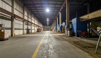 Dimly Lit Refrigerated Warehouse with Packing Stations at Night