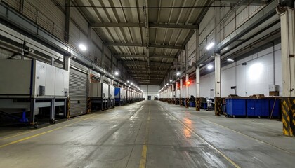 Obraz premium Nighttime View of an Empty Refrigerated Warehouse with Flickering Lights
