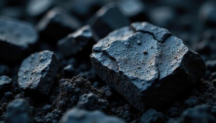Close-up of coal texture, showing its dark, layered structure and fine details ,  pollution,  energy independence