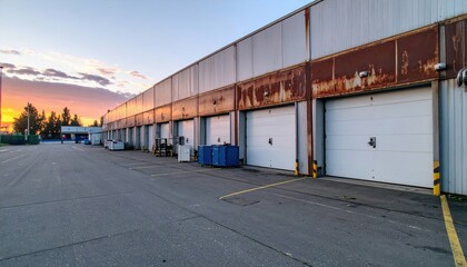 Obraz premium Rusty Refrigerated Warehouse at Dawn with Empty Packaging Machines