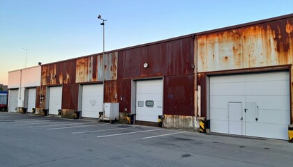 Rusty Refrigerated Warehouse at Dawn with Packaging Machines Visible