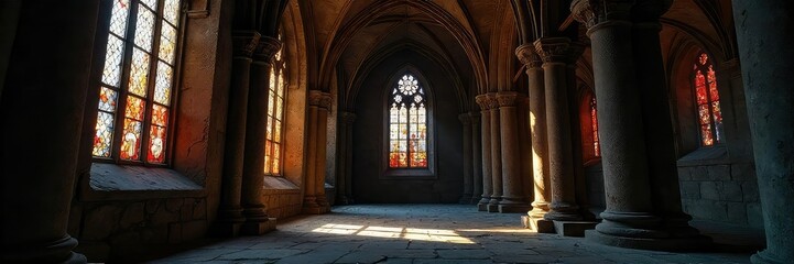 Fototapeta premium A shadowed, ancient cathedral interior, stained glass casting eerie light on crumbling stonework, hinting at forgotten rituals and arcane mysteries , supernatural, spiritual, ominous