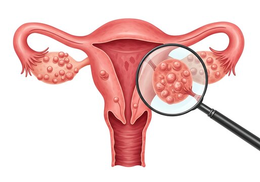 Illustration of uterus with magnifying glass focusing on ovarian cysts