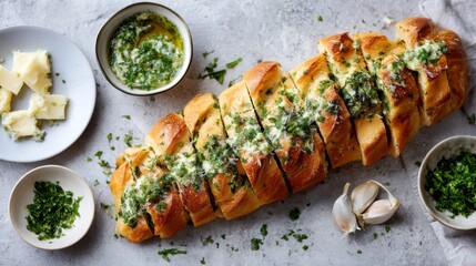 A vibrant preparation featuring sliced baguette generously spread with melted parsley herb butter, complemented by fresh herbs and ingredients arranged around it