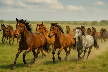 Obraz premium Majestic Herd of Wild Horses Galloping Through Lush Grassy Plains Under Clear Blue Sky in Vibrant Nature Scene
