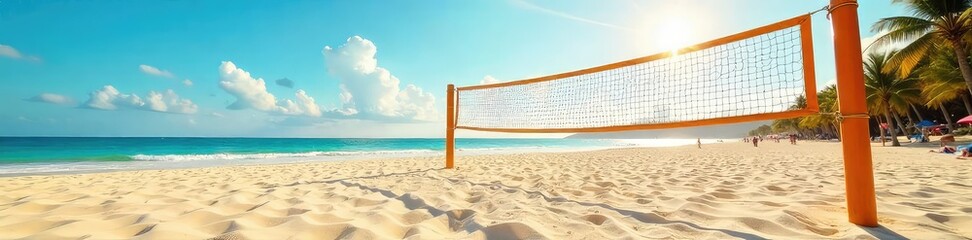 A sunny day at the beach with a sand volleyball court, ready for a game The net is taut, the sand is smooth and golden, ready for exciting rallies , volleyball, holiday
