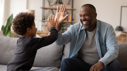 Smiling father and son sharing a joyful high five.