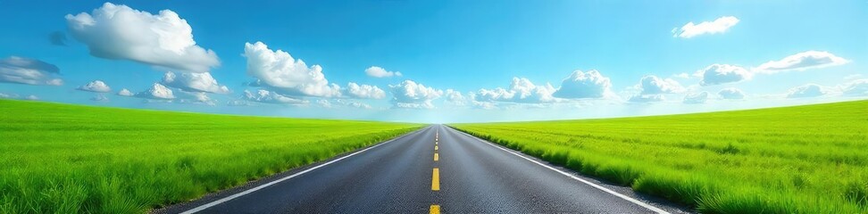 Fototapeta premium A vanishing point perspective road stretches into the distance, flanked by lush green fields under a vibrant blue sky Perfect for travel, journey, and nature themes , open road, drive, freedom