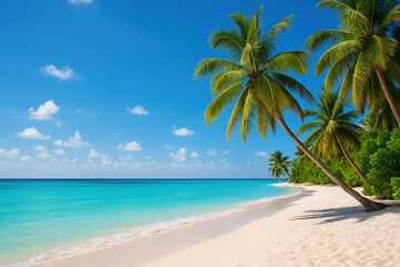 Obraz premium Serene Beach with Turquoise Water and Palm Trees Under Clear Blue Sky in Tropical Paradise
