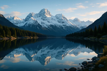 Stunning Snowy Mountain Range Reflected in Crystal Clear Lake with Forested Shorelines at Dawn with Clear Blue Sky