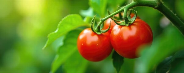 Luscious red tomatoes ripening on the vine, surrounded by vibrant green leaves A perfect image for farm-fresh, healthy eating, and summer abundance , juicy, vegetables, red tomatoes