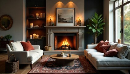 Cozy living room fireplace scene with soft lighting and comfortable seating, perfect for relaxation and tranquility , ambient light, relaxing