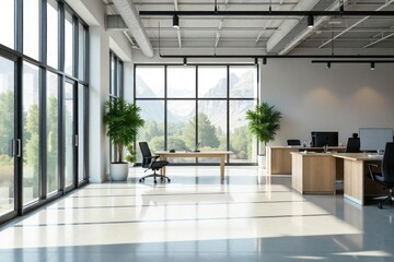 Fototapeta premium Modern minimalist office interior with large windows, sleek furniture, and natural light, ideal for corporate or startup settings , design, open plan