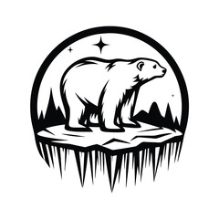Polar Bear on Iceberg, Arctic Landscape, Stars, Monochrome Illustration, Wildlife Theme