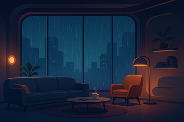 Cozy Futuristic Living Room at Night with Rainy City View Background Animation Loop for Stream Overlay