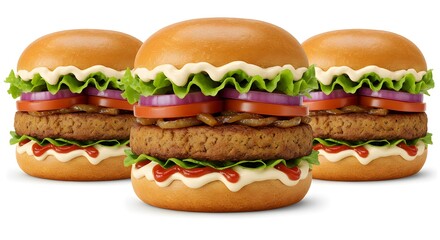 Set of three plant-based burgers stacked with vegetables and sauces