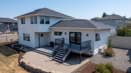 This two-level composite decking with built-in LED lights enhances a landscaped backyard, creating a stylish and inviting outdoor living space