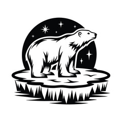 Bold Black and White Polar Bear on Ice Floe with Starry Night Silhouette Design