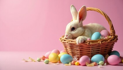 Easter bunny hiding colorful eggs and candy near a basket overflowing with sweets , basket, sweets