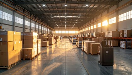 Spacious Warehouse at Dawn with Boxes and Furniture Ready for Shipping