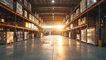 Expansive Warehouse Interior with Pallet Racking at Dawn Light