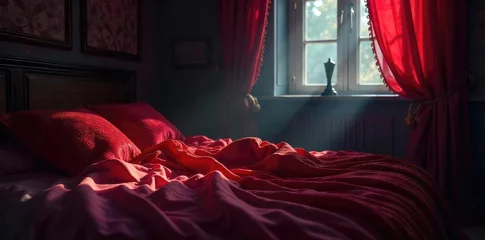 Mysterious, dimly lit boudoir scene  luxurious fabrics, silk sheets, and alluring shadows create a captivating atmosphere of intrigue and desire , provocative, sheets © JKLoma