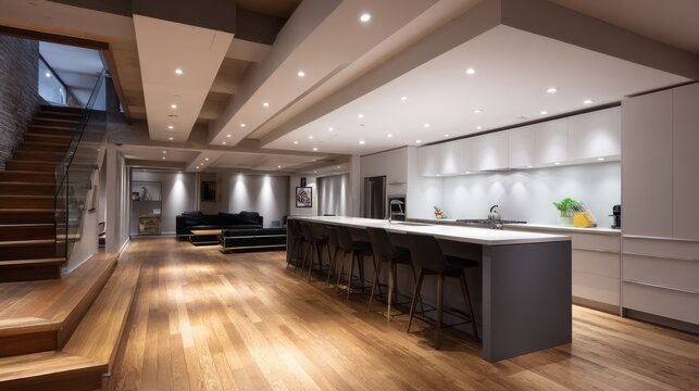 Wide interior view showcases a modern basement with a stylish kitchen island, white cabinetry, dark stools, and warm hardwood floors leading to stairs above
