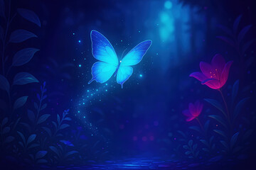 Luminous Butterfly in Neon Garden With Magical Sparkles and Light in Dark Forest Background
