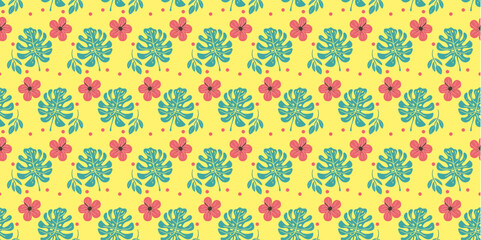 Seamless Hand-drawn tropical pattern with green monstera leaves and red hibiscus. Ideal for packaging, apparel, surface design, Perfect for summer products, stationery, beachwear, and exotic vacation