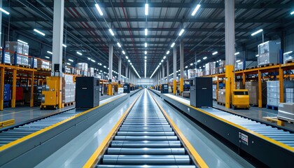 Vast Warehouse Interior with Conveyor System Under Fluorescent Lights
