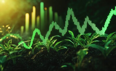 Growth chart overlaid on young plants in rich soil.  Green line graph tracing upward trend, indicating  success and prosperity.  Healthy seedlings symbolize  progress and sustainable future