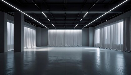 Open space with sleek lines, glowing lights, and elegant curtains for a minimalist look.