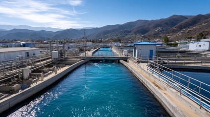 An aerial view shows an industrial wastewater facility with purification tanks and bright waterways, all set against a mountain backdrop