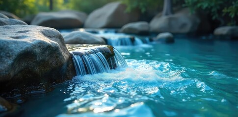 Serene blue water gently flowing over smooth stones, creating a calming and tranquil scene perfect for relaxation Ideal for spa, wellness, and meditation themes , nature, creek, organic