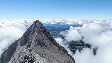 Fototapeta premium Mountain peak above cloudscape, alpine landscape, scenic view, travel photography