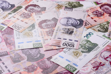 Money, Mexican currency, peso banknotes. Conceptual financial background