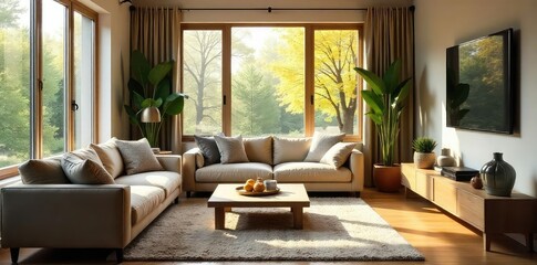 Obraz premium Cozy living room interior with comfortable furniture, natural light streaming through large windows, and stylish decor Perfect for relaxation and family time , apartment, furniture