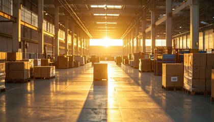 Sprawling Warehouse with Packing Stations During Golden Hour Light