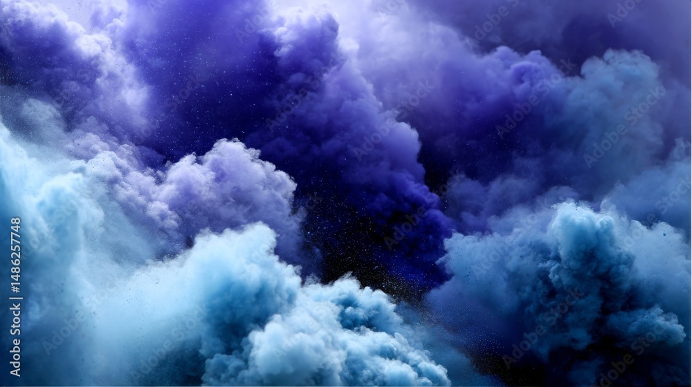 Poster dramatic low angle reveals vibrant clouds of colorful powder in blue and purple shades, creating a d
