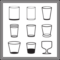 Glass Silhouette Vector Set – 9 Minimal Drinkware Icons, Empty and Filled Cup Clipart Bundle for Beverage Designs
