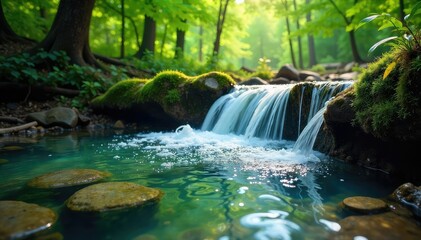 Crystal clear water flowing from a branch in a lush forest , botanical, green