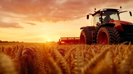 Fototapeta premium Tractor harvests wheat in a golden field at sunset with dramatic orange sky. - high quality Tractor harvests wheat in a golden field at sunset with dr
