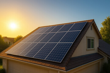 Fototapeta premium Solar Panels on Residential Roof at Sunrise Capturing Clean Energy with Time Lapse Effect for Sustainable Future and Renewable Power Concepts