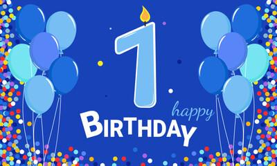 Happy Birthday. The boy turns 1 year old. The banner is made in blue. Balloons and a candle figurine.